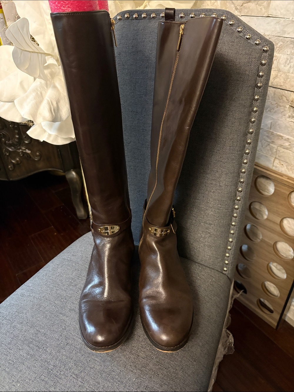 Michael Kors Dark Brown Over-the-Knee Leather Boots with Gold Hardware